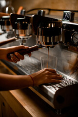view of professional coffee machine with which barista woman prepares coffee