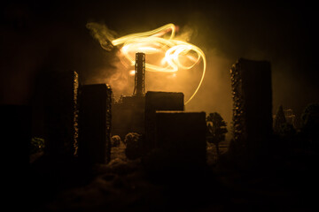 Creative artwork decoration. Chernobyl nuclear power plant at night. Layout of abandoned Chernobyl...