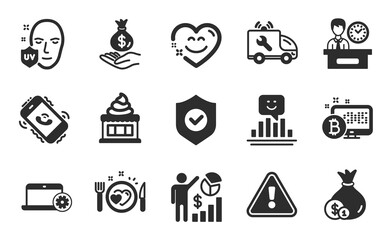 Car service, Romantic dinner and Smile icons simple set. Call center, Ice cream and Uv protection signs. Security shield, Cash and Bitcoin system symbols. Flat icons set. Vector