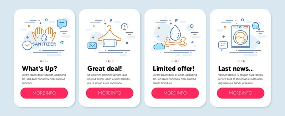 Set of Cleaning icons, such as Hand sanitizer, Water splash, Clean towel symbols. Mobile screen banners. Washing machine line icons. Hygiene care, Aqua drop, Laundry hanger. Laundry service. Vector
