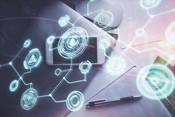 Obraz premium Double exposure of social network theme drawing over table with phone. Top view. People connecting concept.