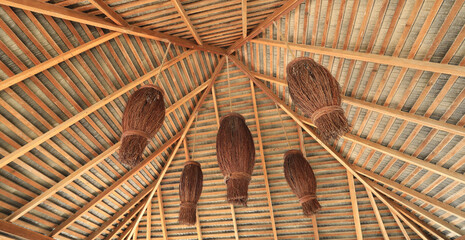 bamboo ceiling with decorative chandeliers