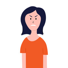 Isolated angry girl on white background for concept design in cartoon style. Girl in orange t-shirt. Young woman Avatar