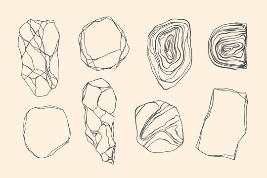 Set of stones with edges, shapes, marble, granite, geodes. Line art style. Black and white grunge crack, curls, waves.