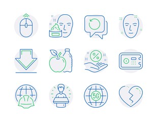 Business icons set. Included icon as Global engineering, Apple, Brand ambassador signs. Recovery data, Health skin, Safe box symbols. Downloading, 5g internet, Face cream. Swipe up. Vector