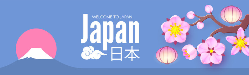 Welcome to Japan. Japanese landscape with Fuji mountain, shining lanterns and sakura blossom. Asian background. Japanese text means Japan. © feaspb