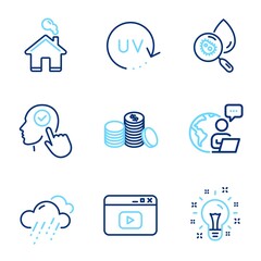 Business icons set. Included icon as Banking money, Select user, Rainy weather signs. Home, Uv protection, Video content symbols. Water analysis, Idea line icons. Line icons set. Vector