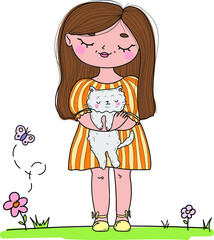 Doodle little girl with gray cat line. Hand drawn vector illustration nature. Cute baby pet.