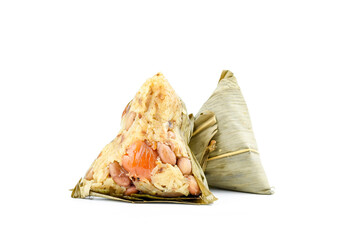 Ba jang or zongzi isolated on white background, made with sticky rice and pork peanut with egg, Chinese traditional food - obrazy, fototapety, plakaty