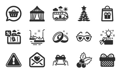 Holidays shopping, Circus tent and Bus travel icons simple set. Christmas holly, Gift and Love glasses signs. Christmas tree, Love letter and Give present symbols. Flat icons set. Vector