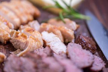 Closeup carnivore diet. Meat heal idea. Plant-free. Non-vegan. Healthy nutrition food.