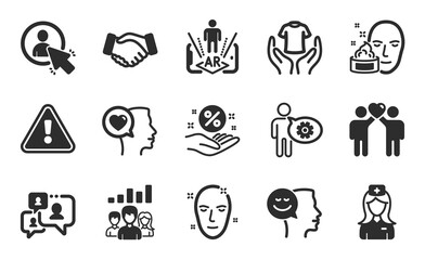 Teamwork results, Handshake and Augmented reality icons simple set. Romantic talk, Hold t-shirt and Health skin signs. Good mood, Loan percent and Cogwheel symbols. Flat icons set. Vector