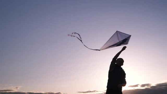 Blue kite soars in the sunset sky. Man rules kite. The concept of freedom, summer hobbies, entertainment in nature. Minimalism, space for text, shades of blue. Silhouette	
