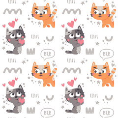 Vector cute seamless pattern with cats in love, flowers, spring, heart, valentine's day