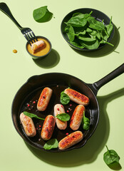 Fried sausage pan, mustard and greens on a green background.