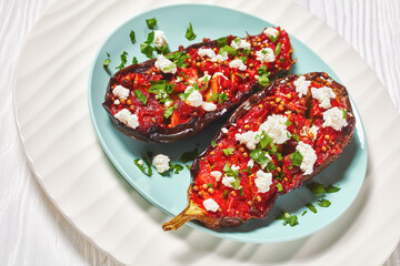 eggplants stuffed with savory tomatoes and feta
