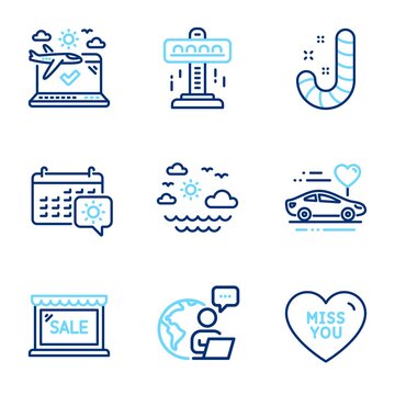 Holidays icons set. Included icon as Travel sea, Attraction, Airplane travel signs. Candy, Sale, Miss you line icons. Summer holidays, Free fall. Line icons set. Vector