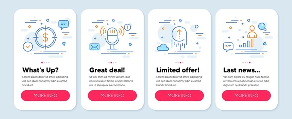 Set of Business icons, such as Swipe up, Dollar target, Microphone symbols. Mobile app mockup banners. Stats line icons. Scrolling page, Aim with usd, Mic. Business analysis. Swipe up icons. Vector