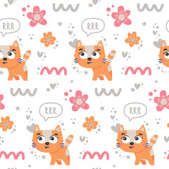 Vector cute seamless pattern with cats in love, flowers, spring, heart, valentine's day