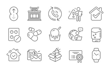 Call center, Ice cream and Shop line icons set. Capsule pill, House security and Smartwatch signs. Water cooler, Megaphone box and Medical tablet symbols. Line icons set. Vector
