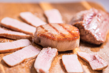 Closeup carnivore diet. Meat heal idea. Plant-free. Non-vegan. Healthy nutrition food.