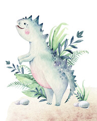 Cute cartoon baby dinosaurs collection watercolor baby shower invite, hand painted dino isolated on a white background for nursery poster decoration. Rex children funny art