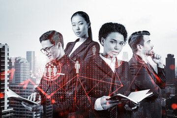 Obraz premium Group of SMM specialists working on social media marketing strategy to achieve business goals. Hologram icons over Bangkok background.