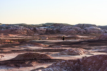 woman silhouette in the desert, purple sand color