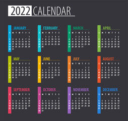 2022 Calendar - illustration. Template. Mock up. Week starts on Sunday