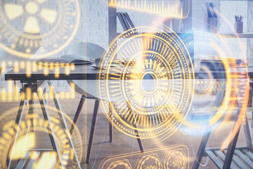 Double exposure of tech theme drawings and office interior background. Technology concept.