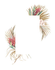 Fototapeta na wymiar Watercolor tropical leaves and protea frame. Hand painted exotic flowers and palm green branches composition on white background. Summer vintage plant illustration
