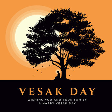 Vesak day banner with Silhouette The Lord Buddha meditated under Bodhi tree on a full moon orange sky night vector design