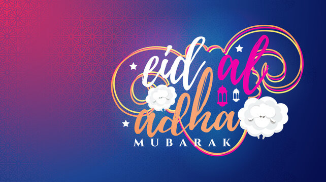 Eid al-Adha vector illustration. Muslim holiday Eid al-Adha. sacrifice ram white and black sheep. graphic design decoration kurban bayrami. month lamb and lamp.Translation from Arabic: Eid al-Adha