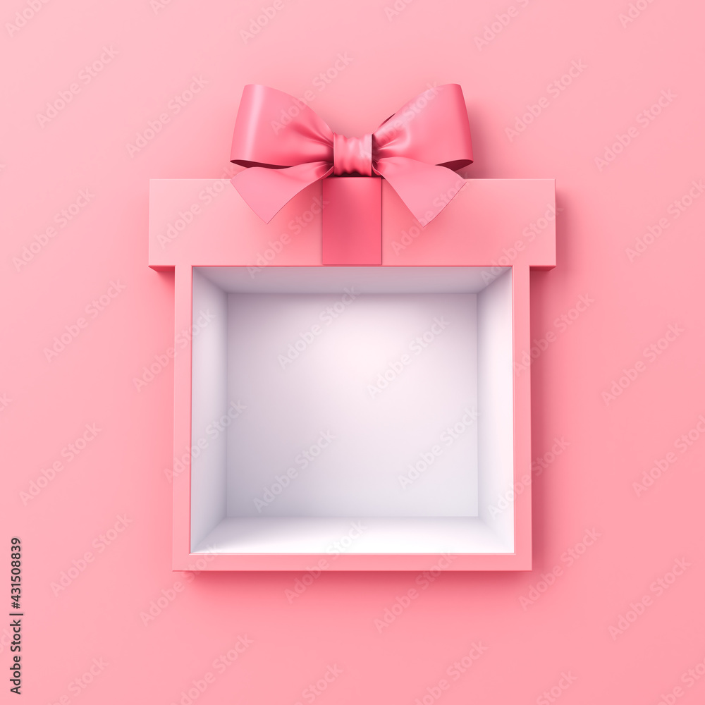 Aufkleber blank gift box showcase display with pink ribbon bow isolated on pink pastel color wall background m