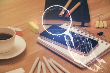 Double exposure of creative drawing over cell phone background. Concept of start up