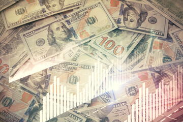 Multi exposure of forex chart drawing over us dollars bill background. Concept of financial success markets.