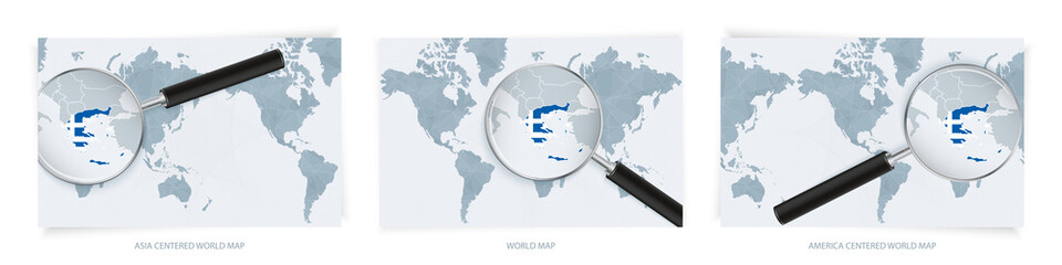 Blue Abstract World Maps with magnifying glass on map of Greece with the national flag of Greece. Three version of World Map.