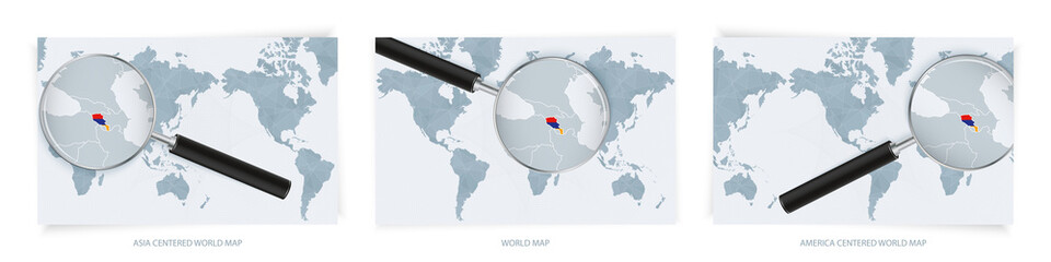 Blue Abstract World Maps with magnifying glass on map of Armenia with the national flag of Armenia. Three version of World Map.