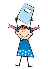 girl at blue dress with workbook, funny vector illustration on white background