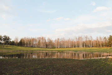 Fototapeta premium spring landscape, forest lake in spring surrounded by trees, calm water surface with reflection, bright sunlight and blue sky
