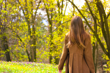 A young woman is enjoying a walk on a flowering meadow in a spring park. Back view of a lady girl with beautiful brown hair in a brown coat in nature. People outdoors. Calmness and relaxation concept.