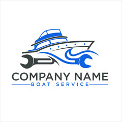 simple illustration of boat and wrench, logo template for boat mechanic or auto marine garage.