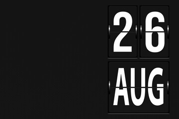 August 26th. Day 26 of month, Calendar date. Calendar in the form of a mechanical scoreboard tableau. Summer month, day of the year concept.