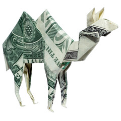 Money Origami Perspective View of CAMEL Left Side Folded with Real One Dollar Bill Isolated on...