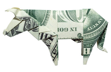Money Origami Profile View of COW Left Side Folded with Real One Dollar Bill Isolated on White...