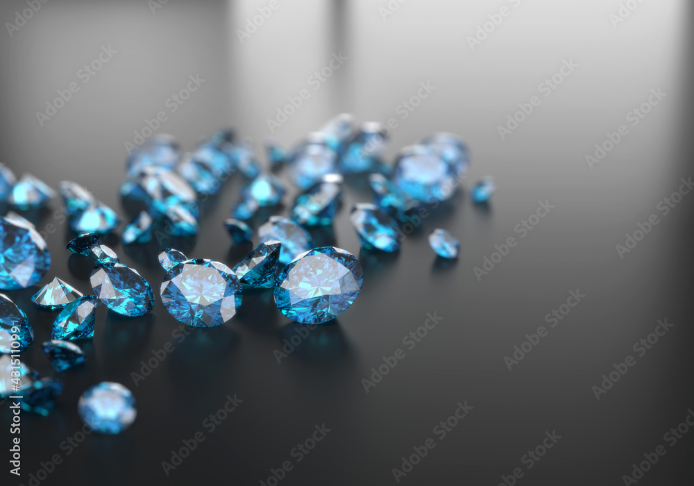 Poster group of blue diamond sapphire placed on glossy background main object focus 3d rendering