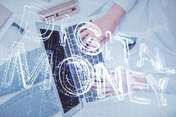 Double exposure of woman hands working on computer and blockchain theme hologram drawing. Top View. bitcoin cryptocurrency concept.