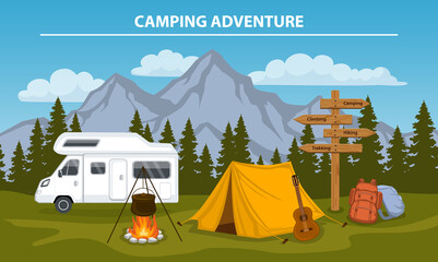 Campsite with  camping tent, rocky mountains, pine forest, guitar, pot, campfire, hiking backpacks , directional sign, caravan . outdoor tourism scene - obrazy, fototapety, plakaty