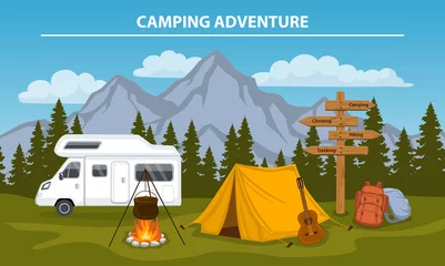Foto op Plexiglas Campsite with  camping tent, rocky mountains, pine forest, guitar, pot, campfire, hiking backpacks , directional sign, caravan . outdoor tourism scene © VecTerrain