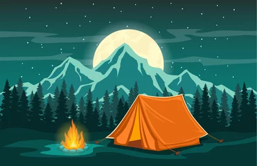 Foto op Plexiglas Family adventure camping evening scene.  Tent, campfire, pine forest and rocky mountains background, starry night sky with moonlight © VecTerrain